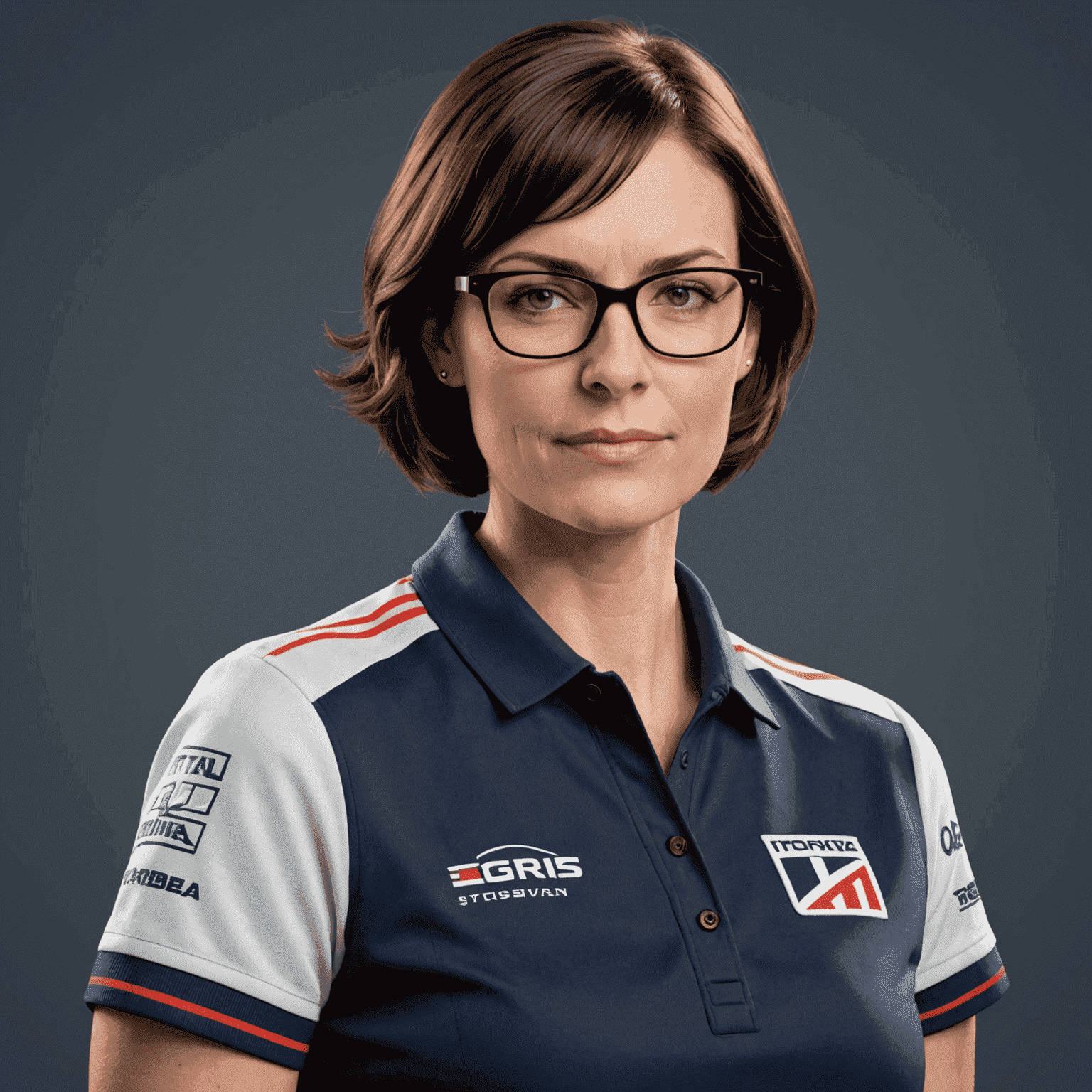 Portrait of Sarah Thompson, a woman in her 30s with short dark hair and glasses, wearing a racing team polo shirt