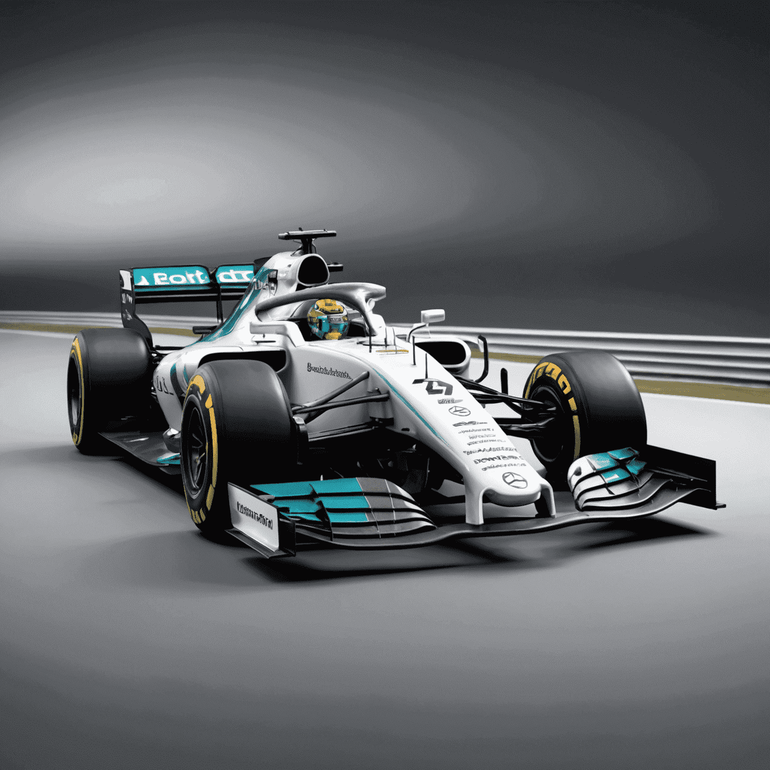 A sleek Formula 1 car on a racetrack, showcasing aerodynamic design and cutting-edge technology. The car features a streamlined body with prominent sponsor logos and intricate front and rear wing designs.