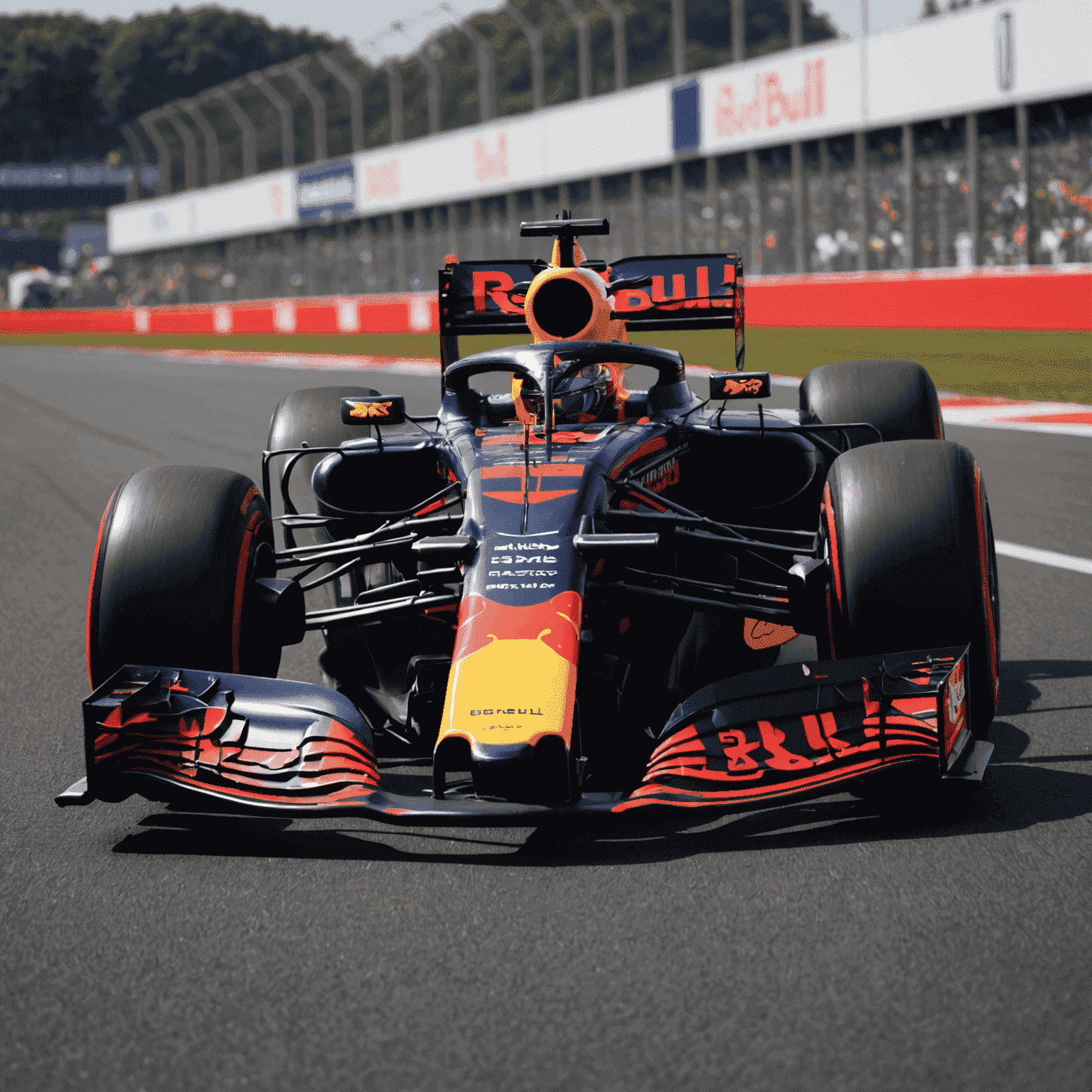 Red Bull Racing's current F1 car on track, showcasing its sleek aerodynamic design and prominent Red Bull livery