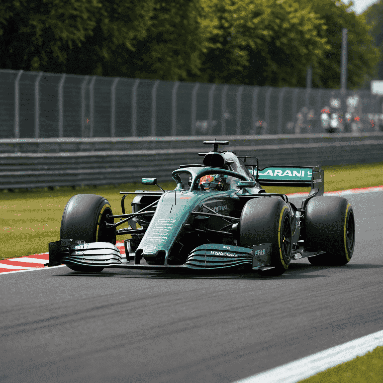 Aston Martin F1 car on track, showcasing its distinctive green livery and aerodynamic features