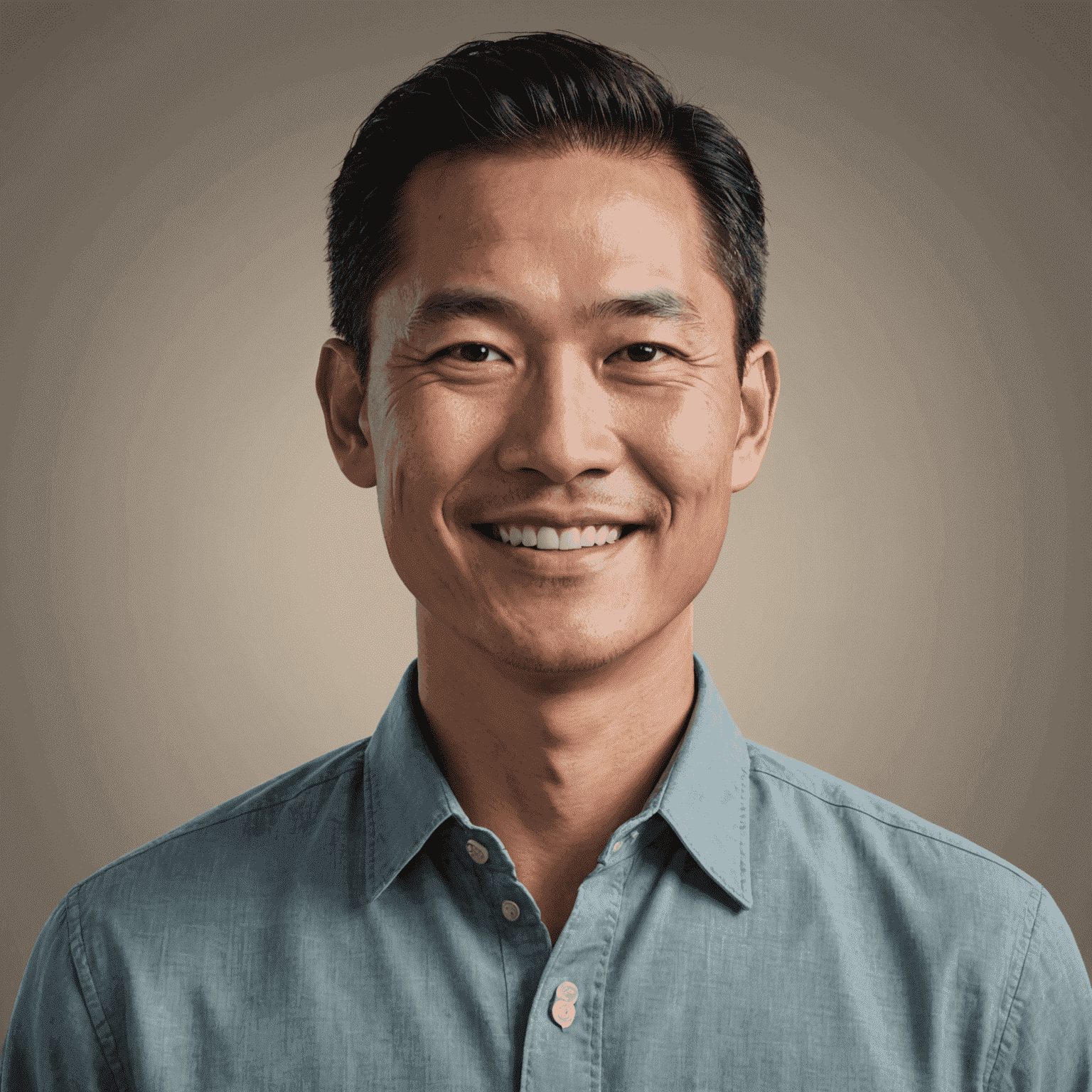 Portrait of Michael Chen, an Asian man in his 40s with a friendly smile, wearing a button-up shirt