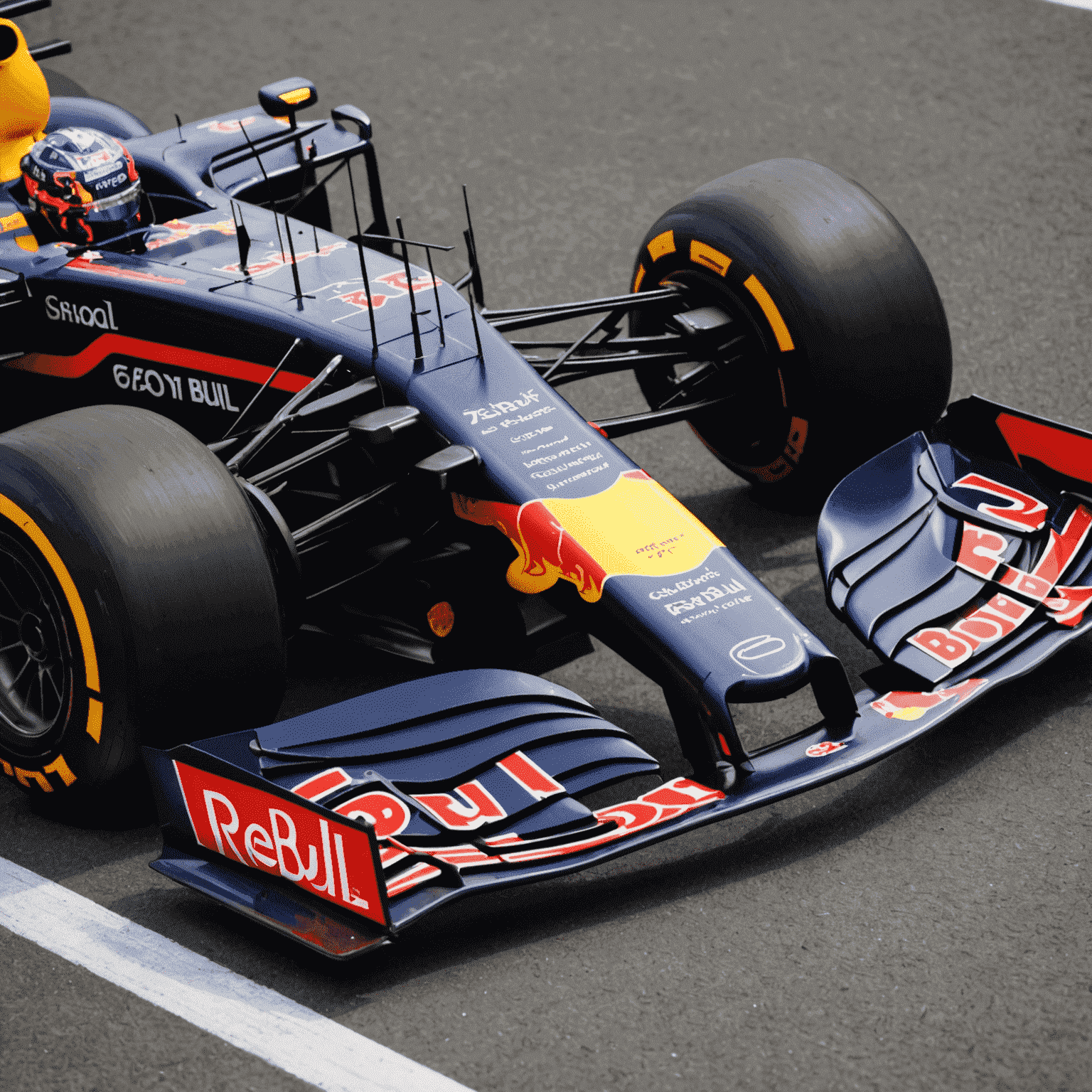 Close-up of Red Bull F1 car's front wing, showing intricate aerodynamic elements