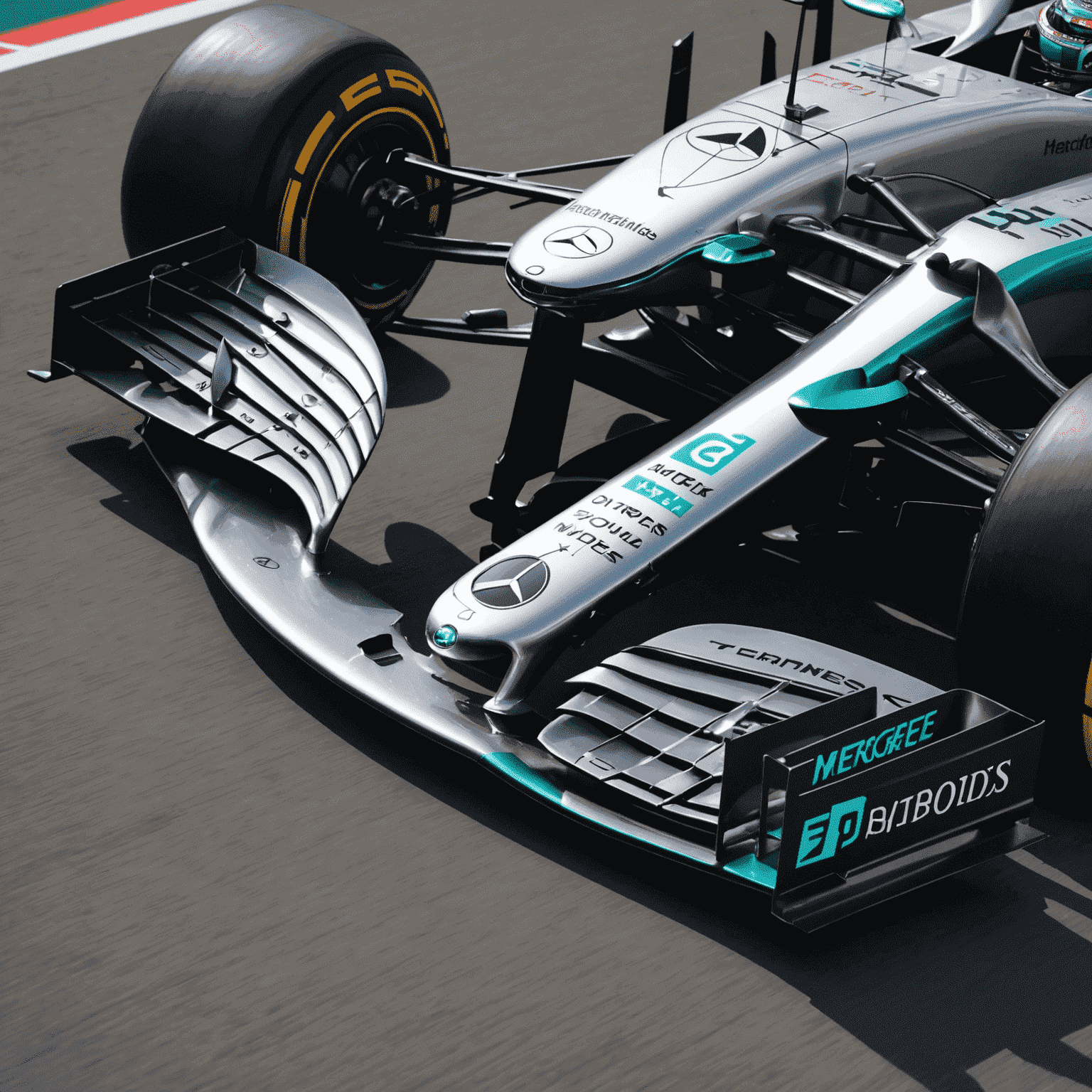 Close-up of Mercedes F1 car's front wing and sidepods, highlighting aerodynamic improvements