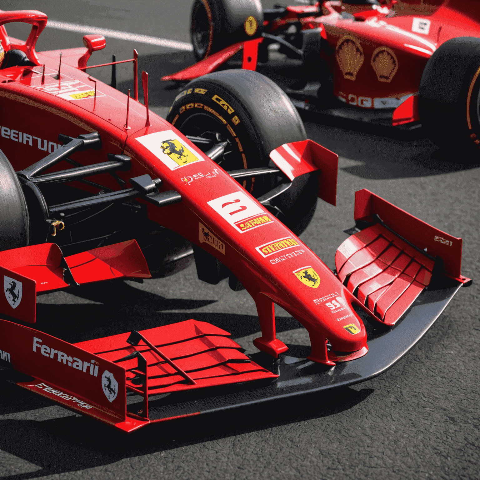 Close-up of Ferrari SF23's front wing and suspension, highlighting aerodynamic elements