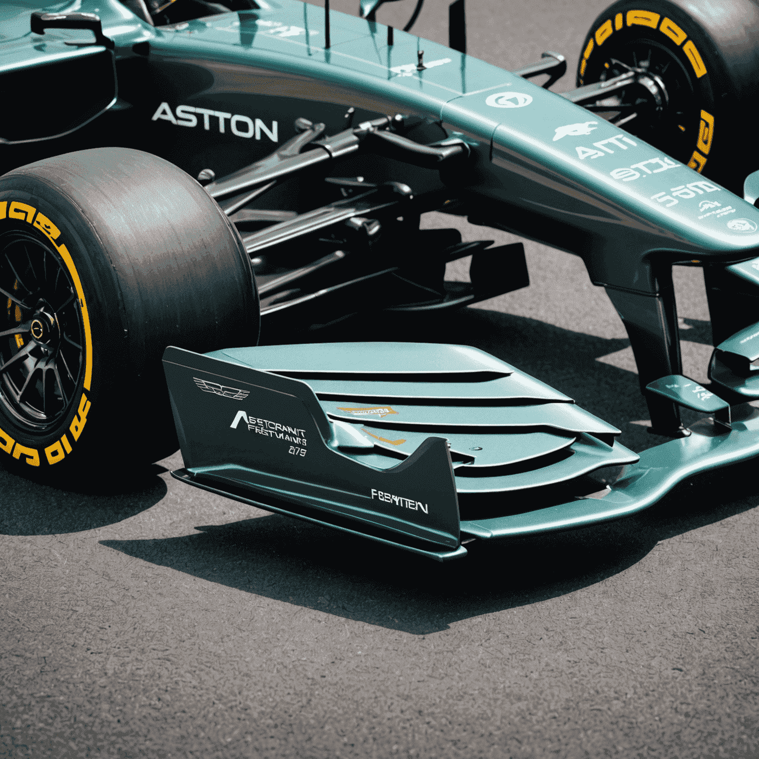 Close-up of Aston Martin F1 car's front wing and suspension, highlighting aerodynamic details