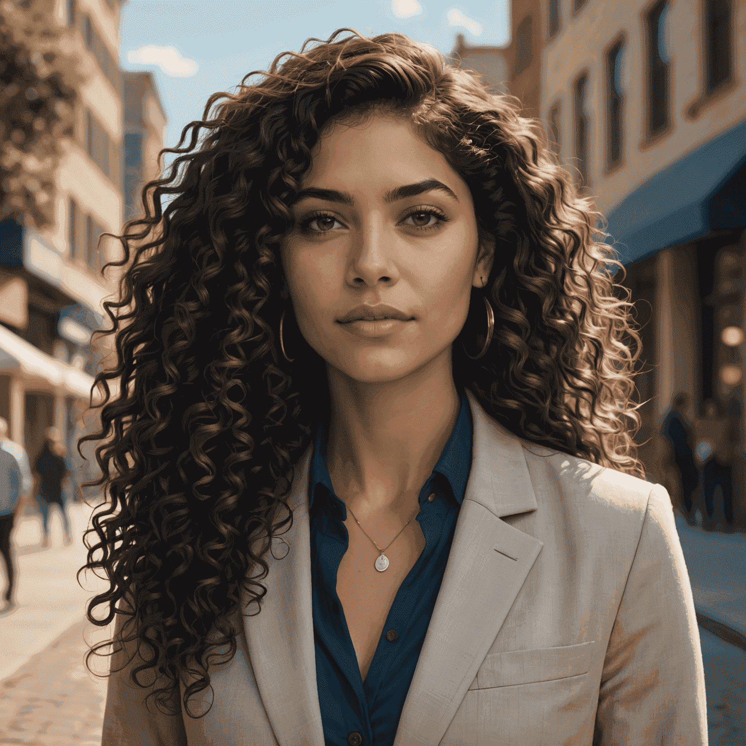 Portrait of Elena Rodriguez, a Latina woman in her late 20s with long curly hair, wearing a casual blazer