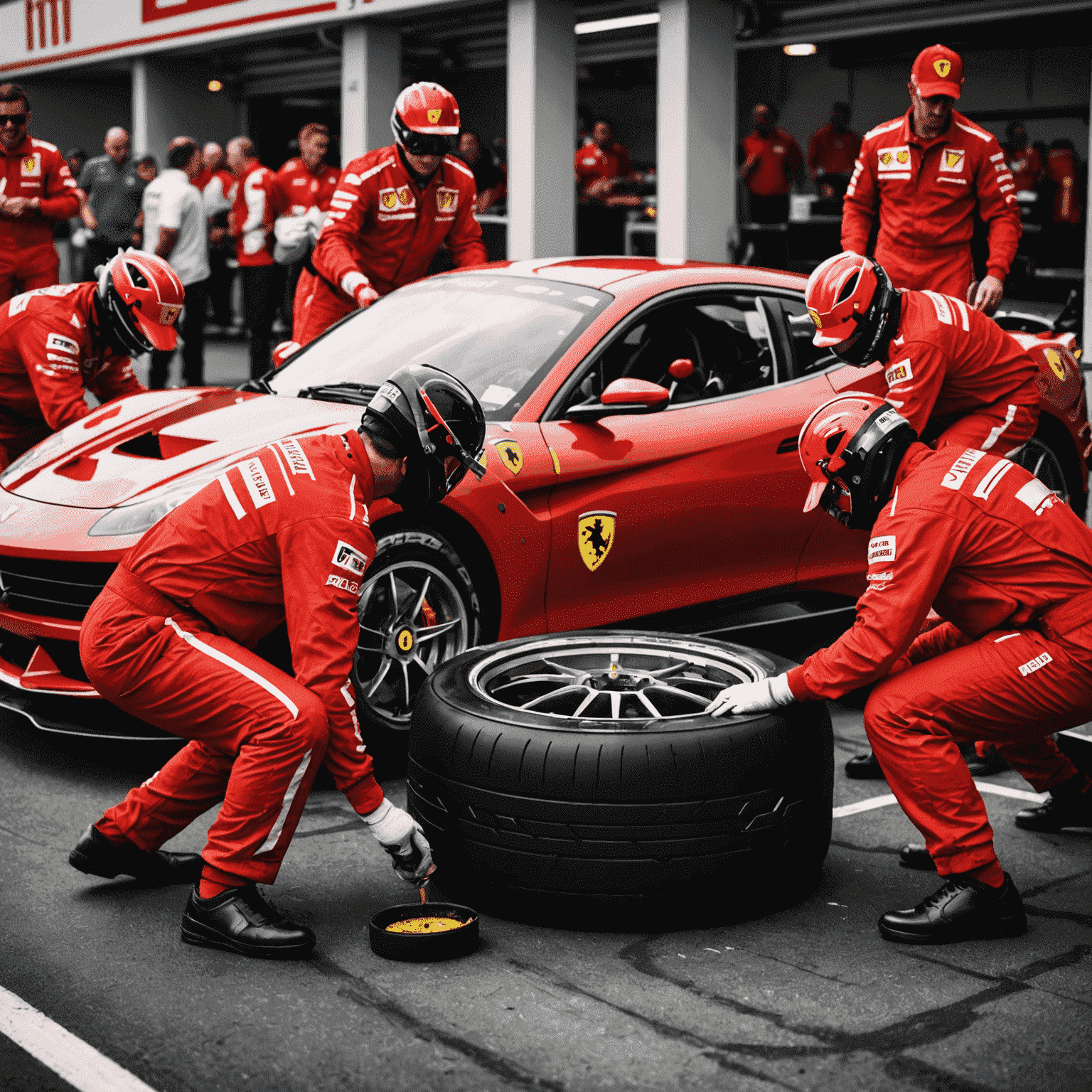 Ferrari pit crew performing a lightning-fast tire change during a race