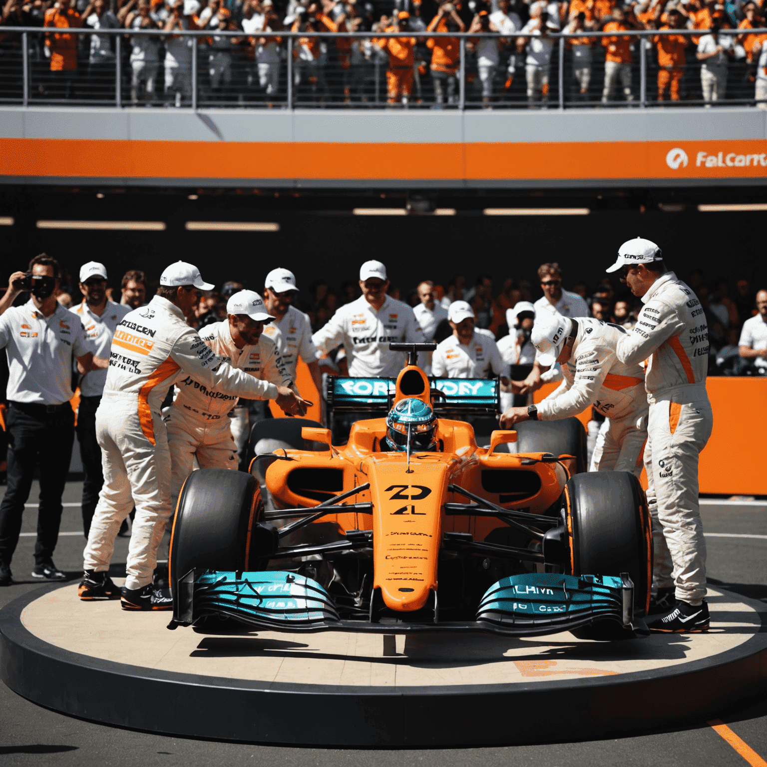 McLaren Formula 1 car on the podium, with team members celebrating in the foreground