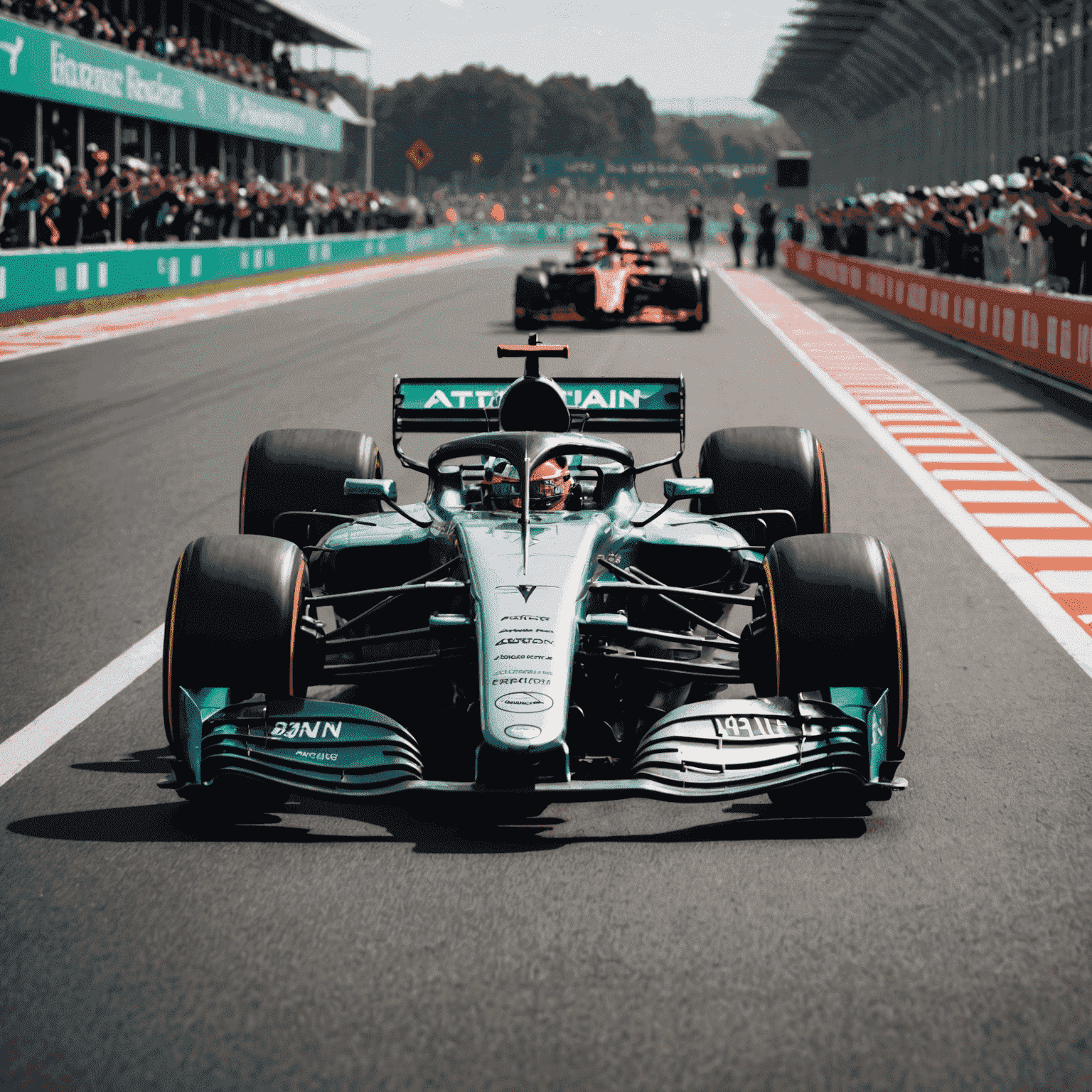 Aston Martin F1 car crossing the finish line, with jubilant team members visible in the background